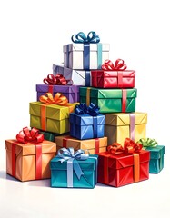 Fototapeta premium Colorful Gift Boxes Stacked on White Background Celebration