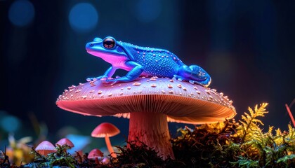 Fantasy frog on mushroom in magical forest with colorful glowing.