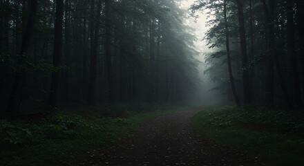 Obraz premium Misty Dark Forest Path Surrounded by Tall Trees in Green Nature