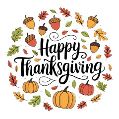 Happy thanksgiving handwritten text with autumn leaves and pumpkins isolated on white background