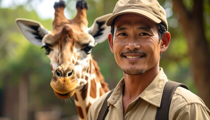Zookeeper smiles near giraffe
