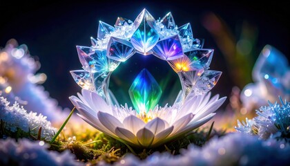 Crystal Lotus Flower Artwork with Gemstone, Nature, Spiritual Energy, and 3D Render.
