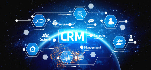 Futuristic graphic representing CRM strategies with service management icons over a digital globe. Ideal for business, technology, and marketing concepts. Tessel