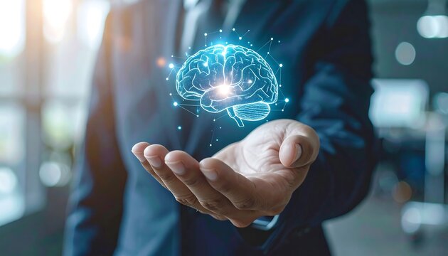 Businessman holding a holographic brain icon symbolizing innovation and technology