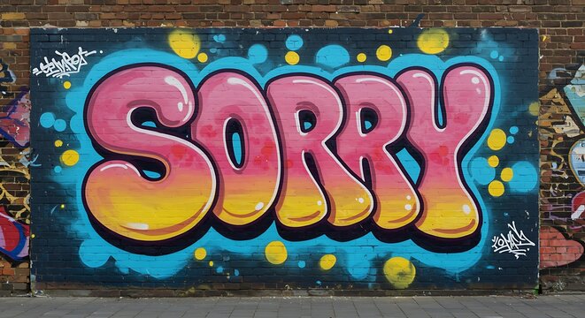 Pink yellow graffiti word S O R Y on blue brick wall sorry text