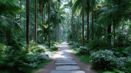 Lush Green Tropical Forest Path with Sunlight Filtering Through Trees and Stones