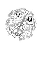 Dia de los Muertos.Postcard for traditional Mexican holiday dedicated to the memory of the dead. Skull, flowers, bones, guitar, border, frame, postcard
