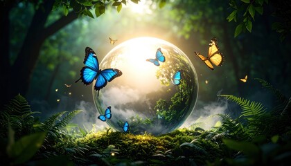 Earth  Butterflies in Enchanted Forest with Nature, and Environment.
