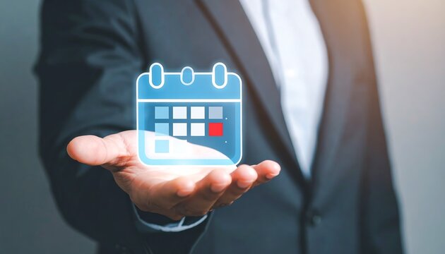 Businessman holding holographic calendar icon for modern corporate planning