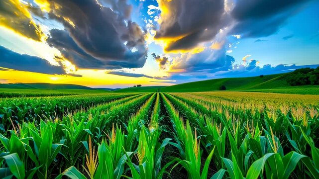 Golden sunrise over vibrant cornfield promises a bountiful harvest in the countryside