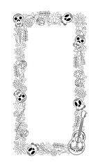 Dia de los Muertos. Frame for traditional Mexican holiday dedicated to the memory of the dead. Skull, flowers, bones, guitar, border, frame