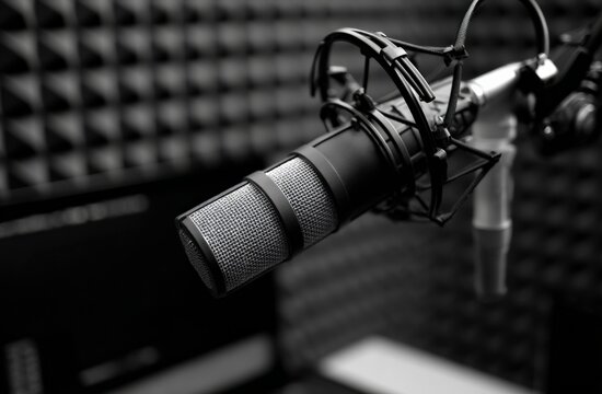 Condenser microphone capturing audio in a professional recording studio with acoustic foam panels, ideal for podcasting and broadcasting