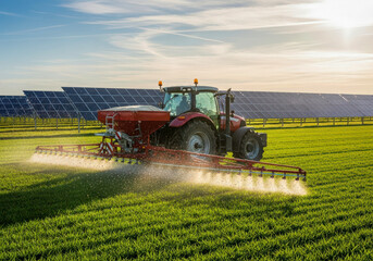 A red tractor fertilizes a green field with solar panels in the background during a sunny day