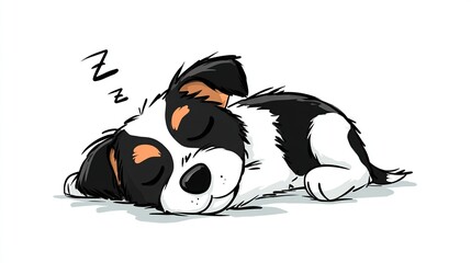 Cartoon puppy, black and white, curled up asleep with small zzz's above
