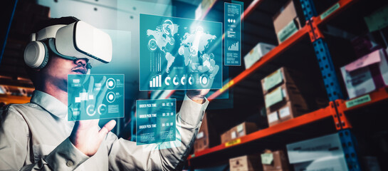 Future virtual reality technology for innovative VR warehouse management . Concept of smart technology for industrial revolution and automated logistic control .