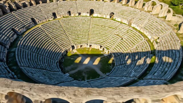 Majestic aerial timelapse of a massive ancient Roman amphitheater ruin, showcasing its grand scale and history