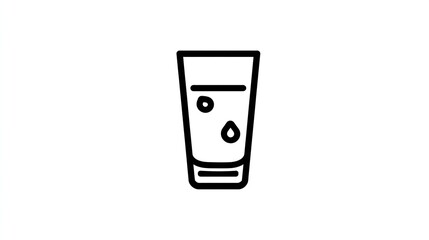 Simple black outline illustration of a shot glass filled with liquid, with two small bubbles and a single drop