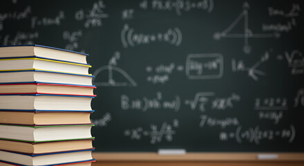 Stack of Books in Front of Chalkboard with Mathematical Equations in Classroom