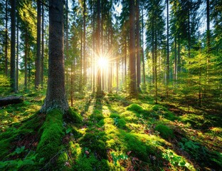 Fototapeta premium Sunlight streams through a dense forest, illuminating lush green moss and towering trees.