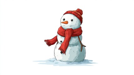 Cute cartoon snowman in a red hat and scarf, standing in a puddle of snow