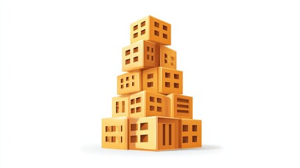 Golden, stacked, cubic buildings form a tall, pyramid-shaped structure