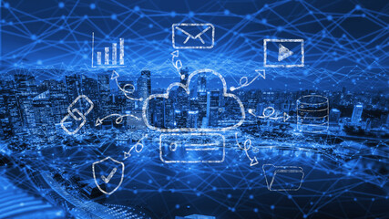 A hand drawn doodle of a cloud computing services ecosystem. A creative sketch of a network for data storage, sharing, and online applications. Motif