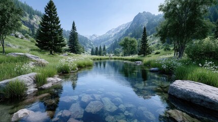 Lush Mountain Valley with Clear Lake Reflecting Sky and Surrounding Greenery Under Bright Sunlight