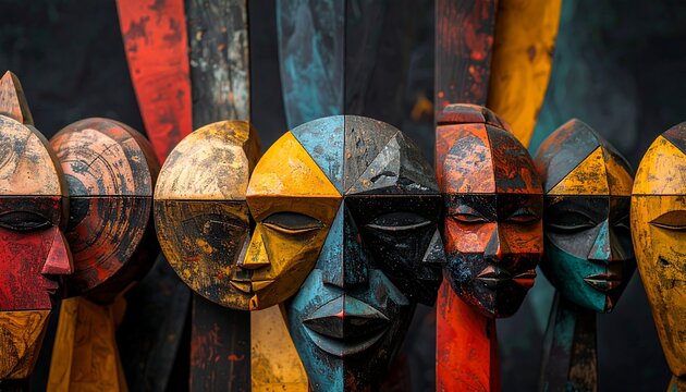 Close-up of colorful, geometric wooden masks, possibly African art, in vibrant hues and textures, representing diverse human faces
