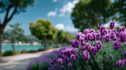 Lush Lavender Blooms Close Up on a Sunny Day with Tree Lined Path Beside Blue Water Under a Partially Cloudy Sky in a Cinematic HDR Image