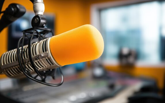 Vintage style microphone featuring an orange pop filter, ready for recording in a broadcast or podcast studio against a blurred background - Powered by Adobe