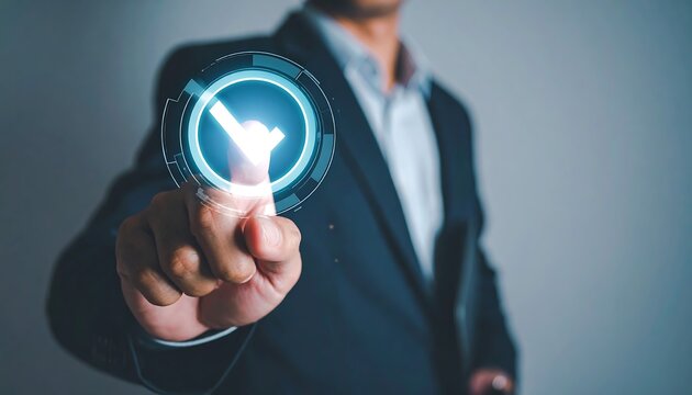 Futuristic technology scene of businessman hand touching holographic check mark icon - Powered by Adobe