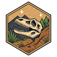 Dinosaur skull in a natural landscape under a starry sky. © minimal