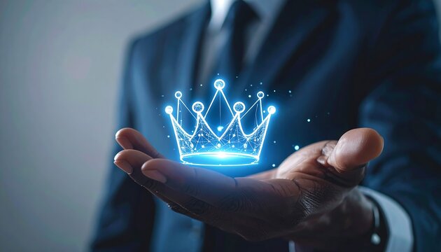 Businessman holding holographic crown symbolizing innovation and authority
