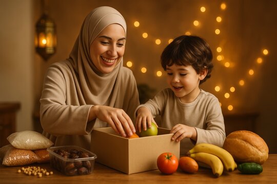 Muslim woman and child happily packing food parcels for the needy during Ramadan in a warm kitchen