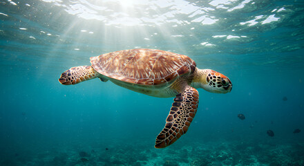 Fototapeta premium Sea Turtle Swimming in Clear Blue Ocean Sunlit Water