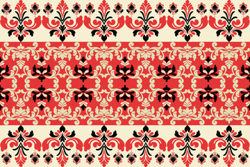 Seamless ornamental damask floral pattern with baroque and vintage decorative motifs in red and cream colors on black background, perfect for textile, wallpaper, fabric, and luxury design.