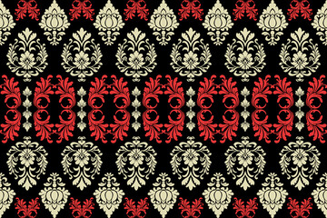 Seamless ornamental damask floral pattern with baroque and vintage decorative motifs in red and cream colors on black background, perfect for textile, wallpaper, fabric, and luxury design.