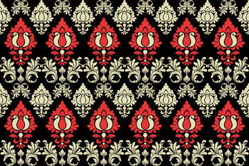 Seamless ornamental damask floral pattern with baroque and vintage decorative motifs in red and cream colors on black background, perfect for textile, wallpaper, fabric, and luxury design.
