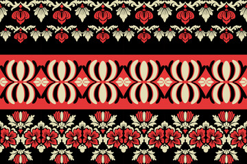 Seamless ornamental damask floral pattern with baroque and vintage decorative motifs in red and cream colors on black background, perfect for textile, wallpaper, fabric, and luxury design.