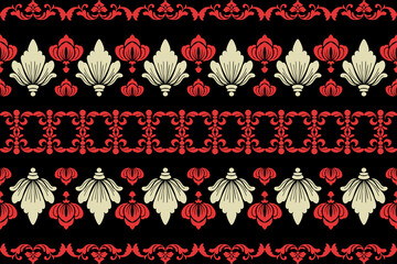 Seamless ornamental damask floral pattern with baroque and vintage decorative motifs in red and cream colors on black background, perfect for textile, wallpaper, fabric, and luxury design.
