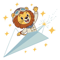 A cheerful lion pilot rides a paper airplane through starry skies.