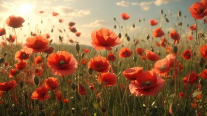 Obraz premium Field of vibrant red poppies at sunset