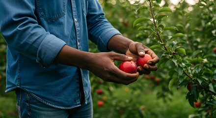 Farmer harvesting fresh ripe fruits in orchard during sunny day, concept of agriculture and nature
