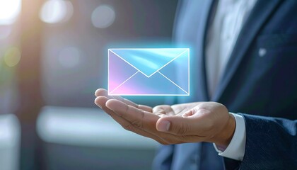 Businessman holding holographic envelope icon representing modern digital communication and innovation