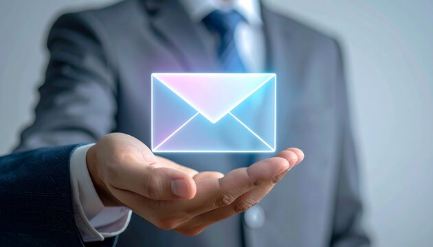 Futuristic holographic envelope icon in businessman hand symbolizing digital communication and corporate innovation