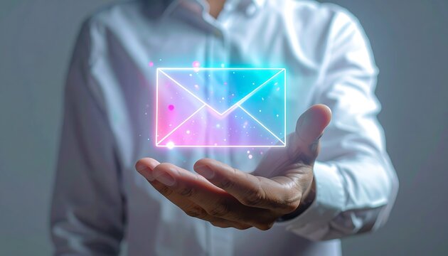 Businessman holding holographic envelope icon for digital communication and professional technology concept