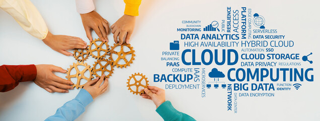 Obraz premium A dynamic teamwork scene showcases hands interacting with gears, symbolizing collaboration in computing and cloud technology for effective data management solutions. Amity