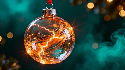 A Christmas ornament suspended mid-air, glowing with internal strands of luminous, golden-orange fiber-optic threads that pulse and swirl like captured lightning. Christmas, Christmas Tree