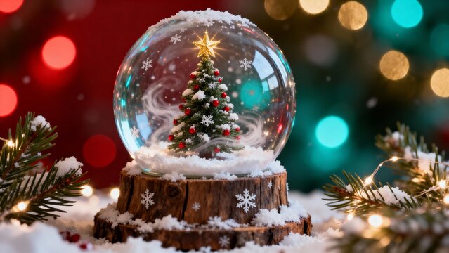 A Christmas tree encased within a crystal-clear snow globe, resting on a rustic wooden pedestal dusted with fresh snowflakes. Christmas, Christmas Tree, Merry Christmas, Christmas Background