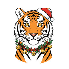 Tiger with festive mood wearing Santa hat and Christmas wreath with bells against white background 